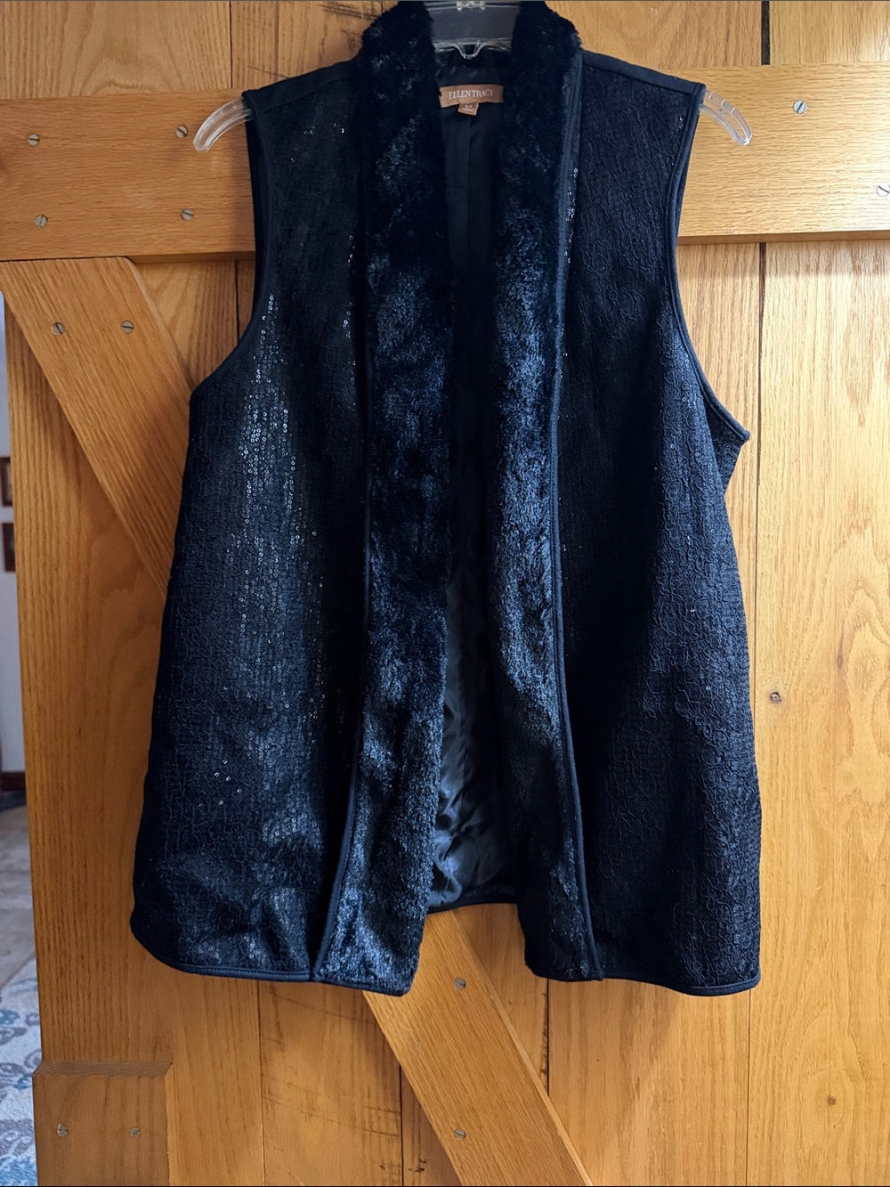Ellen Tracy Medium Black Sequin Faux Fur Trim Long Vest Evening